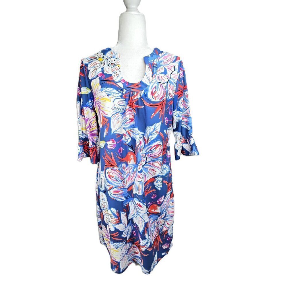 Anthropologie Aryeh Blue Floral Painting 3/4 Sleeve Shift Soft Jersey Dress